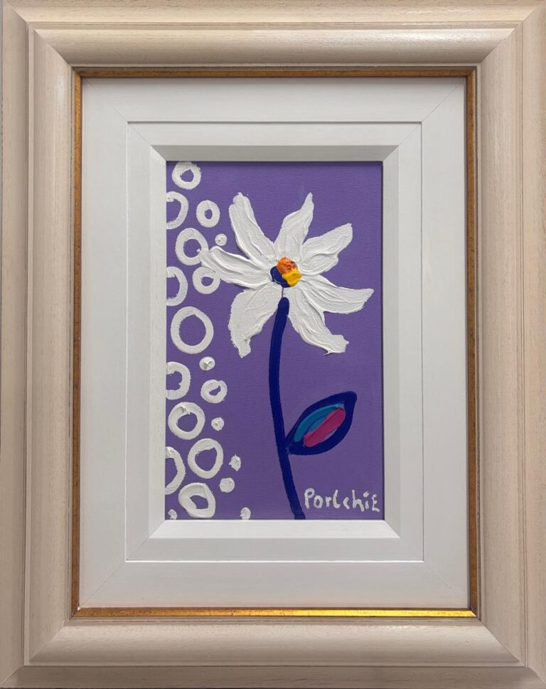 Acrylic on stretched canvas  Painting titled (c)  Daisy on purple