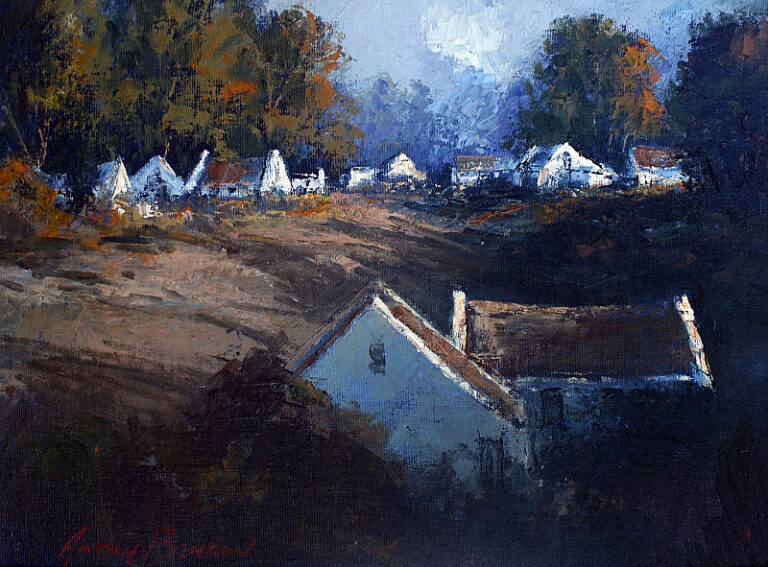 Oil on board  Painting titled Town