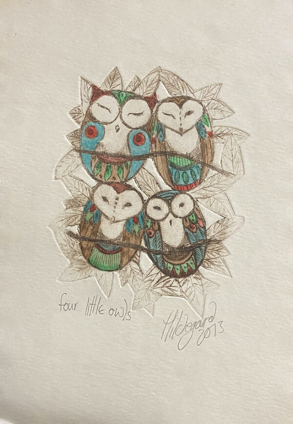 {je_artwork_artwork_medium_id}  {je_artwork_artwork_category_id} titled Four Little Owls