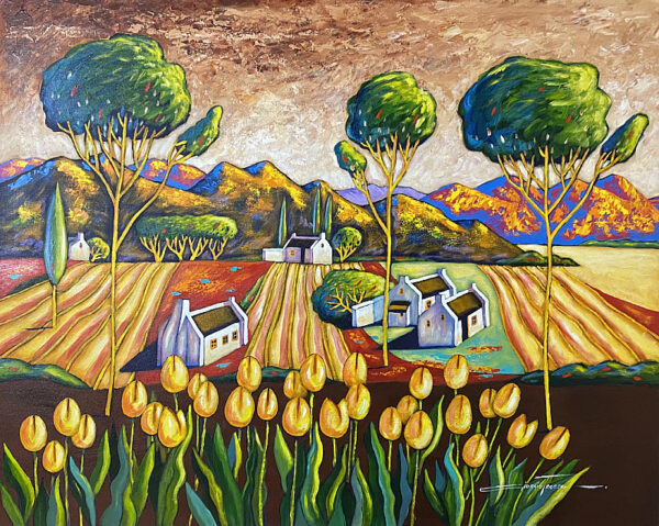 {je_artwork_artwork_medium_id}  {je_artwork_artwork_category_id} titled Yellow Tulips in Landscape