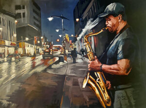 {je_artwork_artwork_medium_id}  {je_artwork_artwork_category_id} titled © Sax in street scene