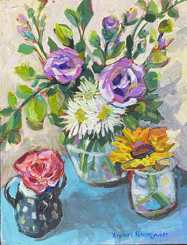 {je_artwork_artwork_medium_id}  {je_artwork_artwork_category_id} titled 3 Potjies, Roos en Sonneblom