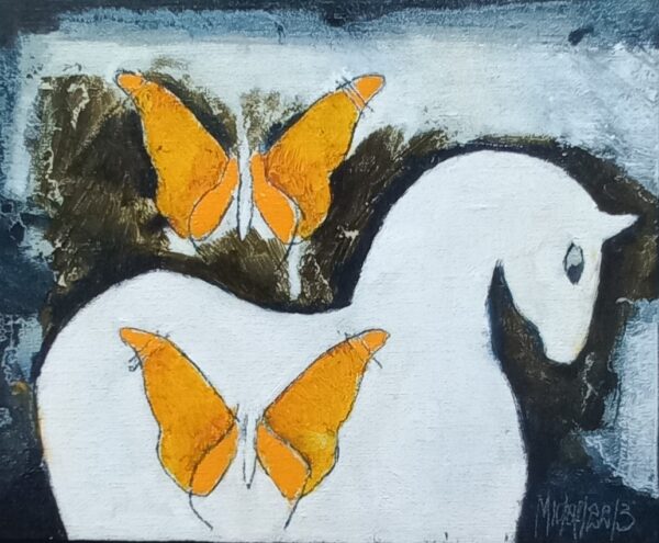 {je_artwork_artwork_medium_id}  {je_artwork_artwork_category_id} titled Skoenlappers in Geel en Perdtjie in Wit