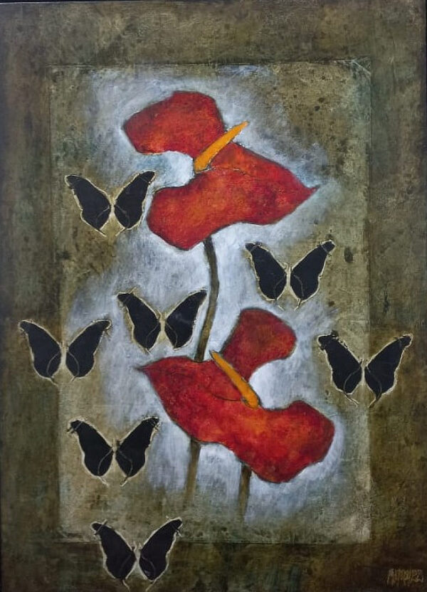 {je_artwork_artwork_medium_id}  {je_artwork_artwork_category_id} titled Sewe Swart Skoenlappers