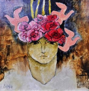 {je_artwork_artwork_medium_id}  {je_artwork_artwork_category_id} titled Flowers and pink doves / Kiesblomme en duiwe en pienk
