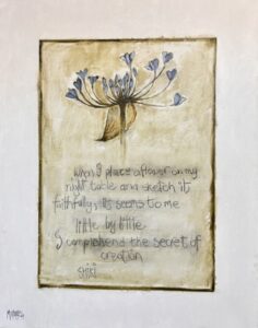 {je_artwork_artwork_medium_id}  {je_artwork_artwork_category_id} titled Shiki with agapanthus / Shiki met ‘n windblom klein