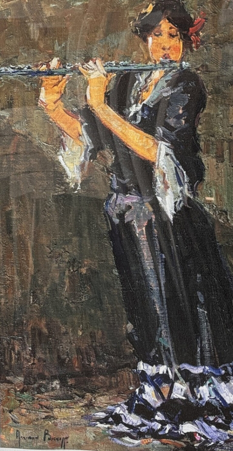 Acrylic on stretched canvas  Painting titled Flute player
