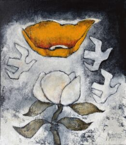 {je_artwork_artwork_medium_id}  {je_artwork_artwork_category_id} titled Yellow poppy, magnolia & 3 doves