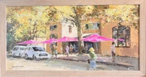 {je_artwork_artwork_medium_id}  {je_artwork_artwork_category_id} titled Under the pink umbrellas