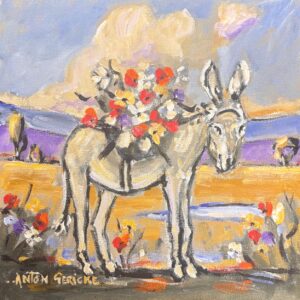 Anton Gericke donkey in landscape, South African art, Alice Art Gallery