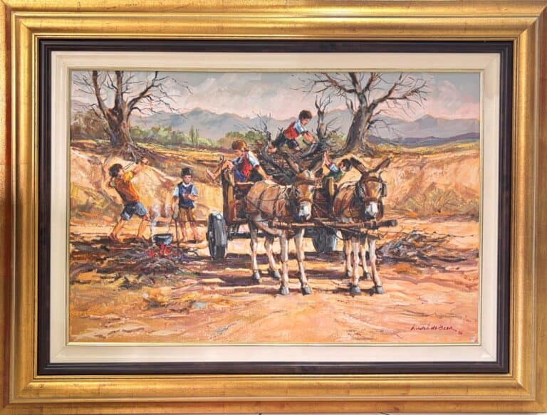 Oil on Stretched Canvas  Painting titled Donkey cart