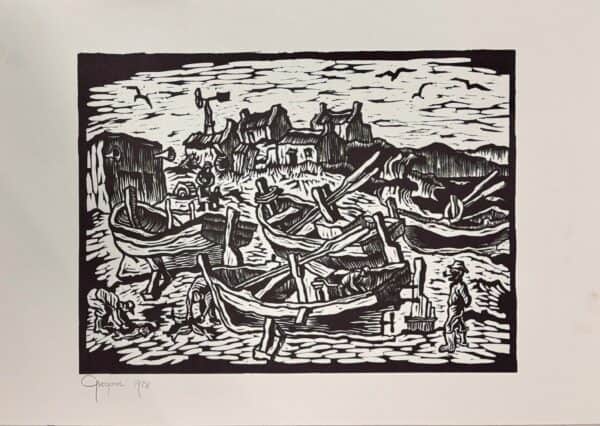 {je_artwork_artwork_medium_id}  {je_artwork_artwork_category_id} titled Fishing boats on the beach
