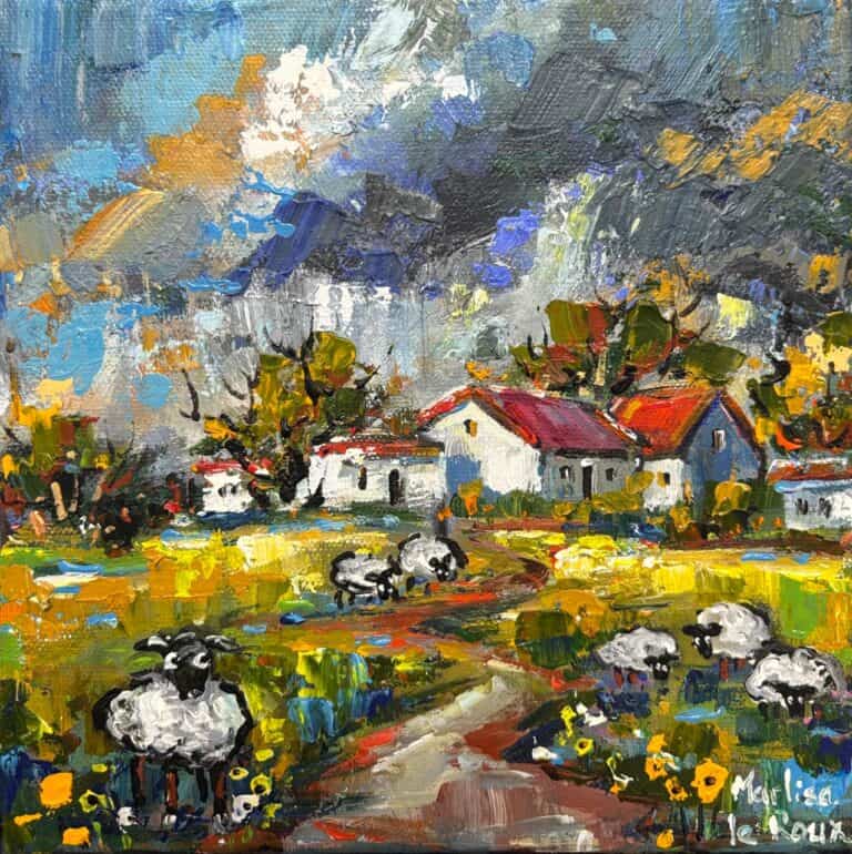 Acrylic on stretched canvas  Painting titled Sheep in a landscape