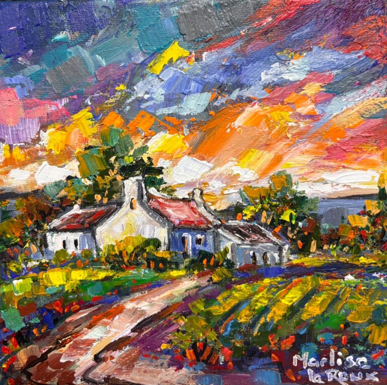 Acrylic on stretched canvas  Painting titled Houses in a landscape