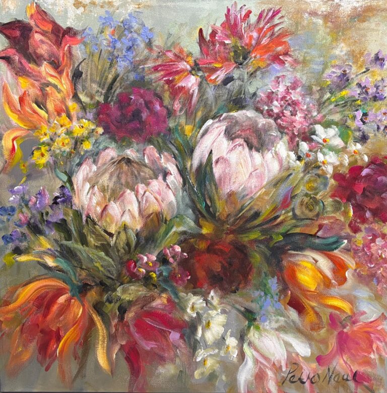Acrylic on stretched canvas  Painting titled Proteas and field flowers