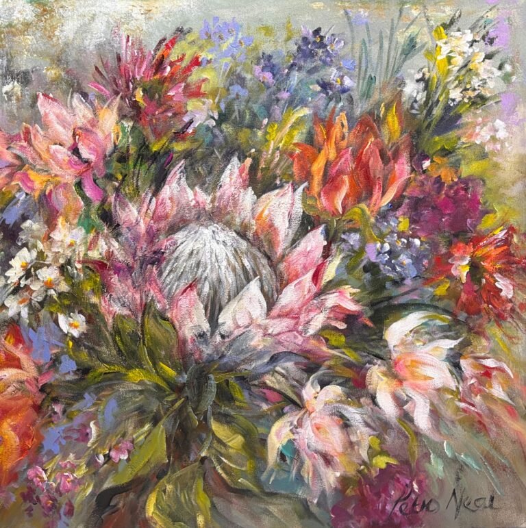 Acrylic on stretched canvas  Painting titled Proteas and field flowers