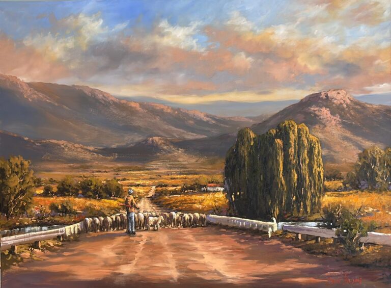 Oil on Stretched Canvas  Painting titled Roadblock with sheep