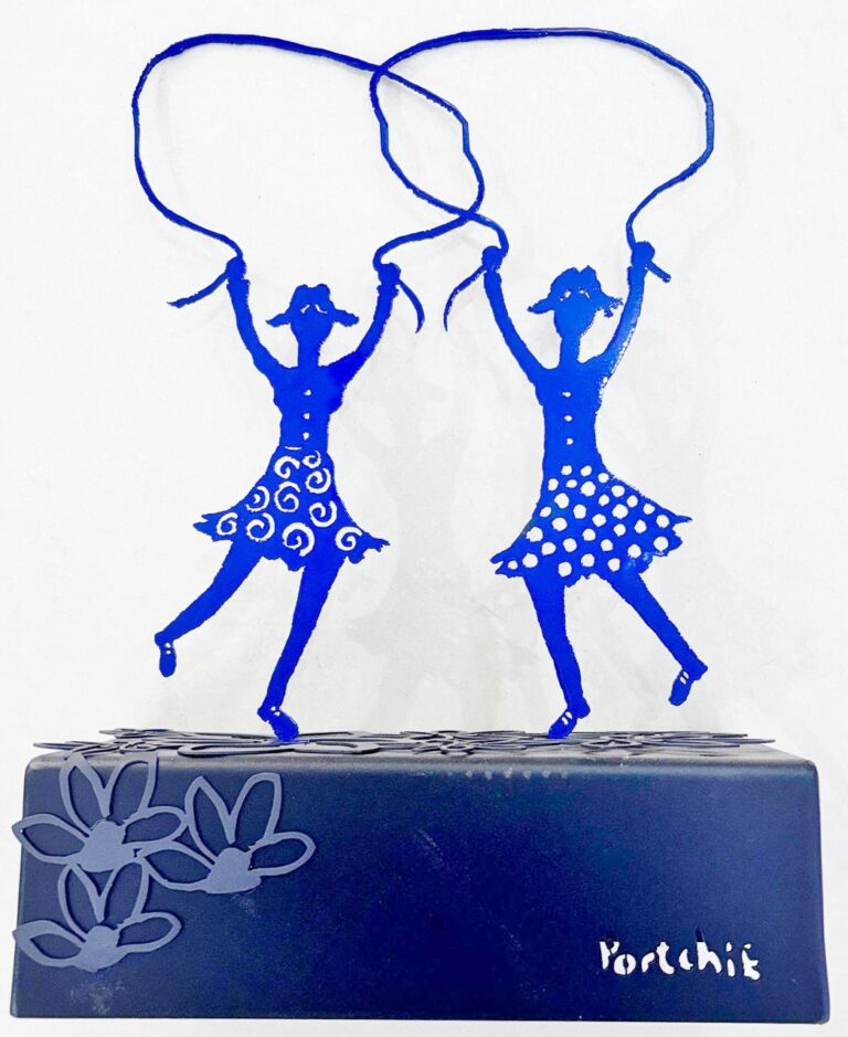 Steel  Sculpture titled Blue girls Skipping