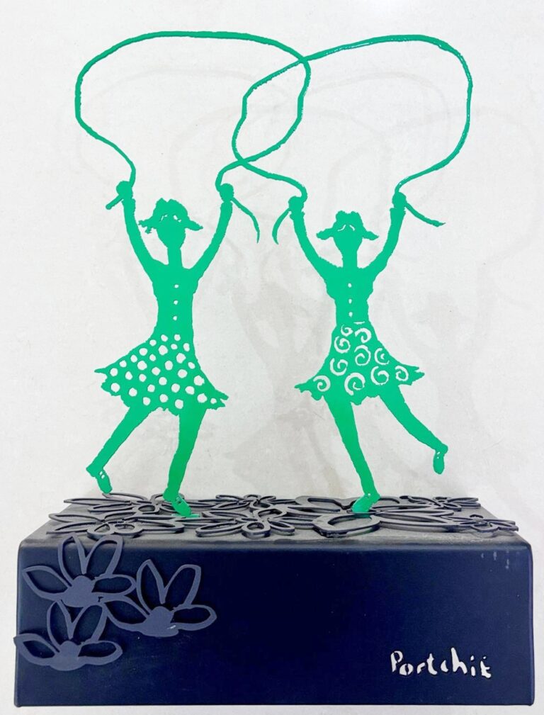 Steel  Sculpture titled Green girls Skipping