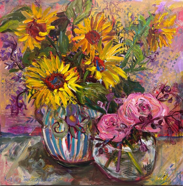 Acrylic on board  Painting titled Sunflowers and wedding roses