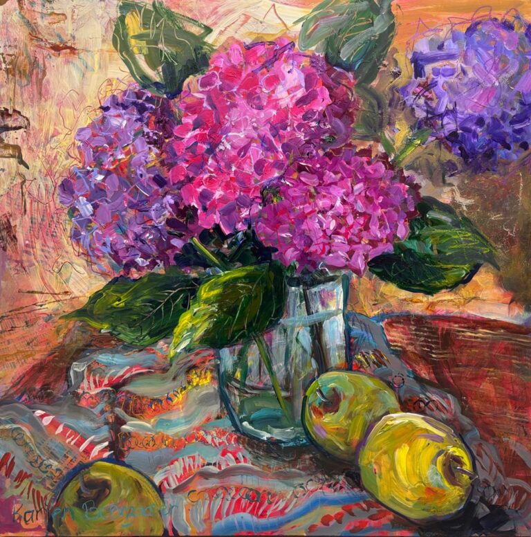 Acrylic on board  Painting titled Christmas roses in glass