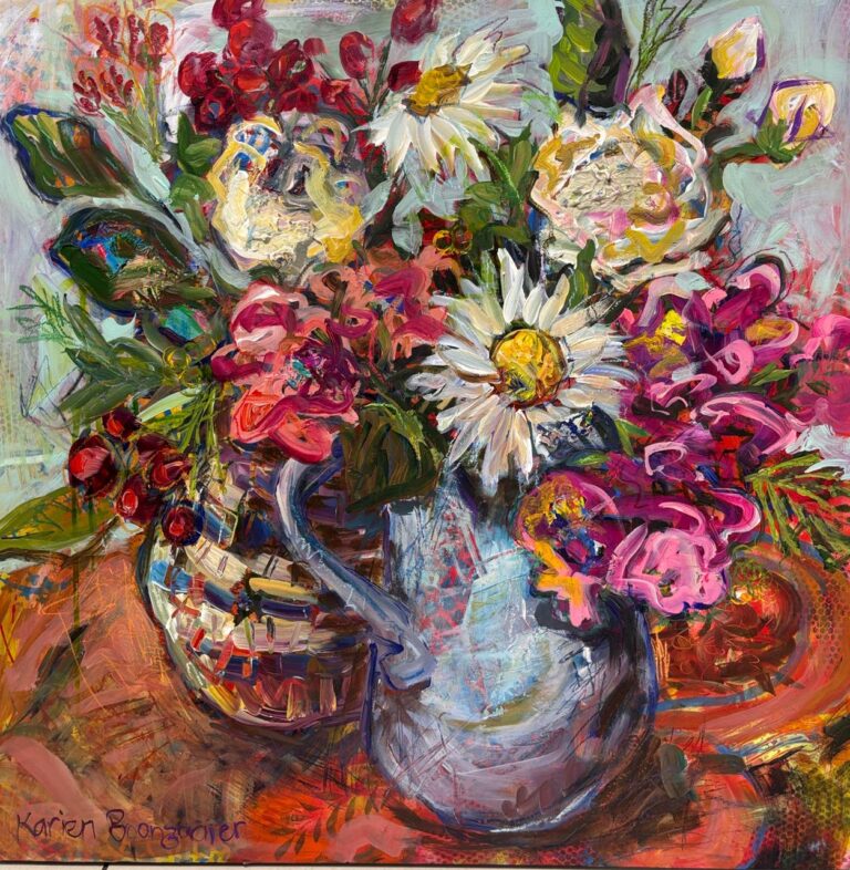 Acrylic on board  Painting titled Pots with winter flowers