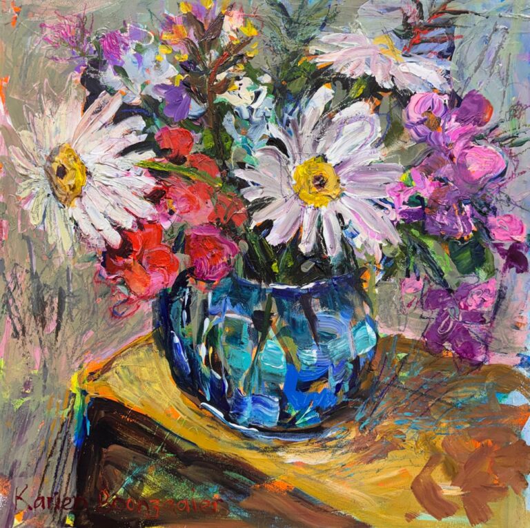 Acrylic on board  Painting titled White daisies in glass