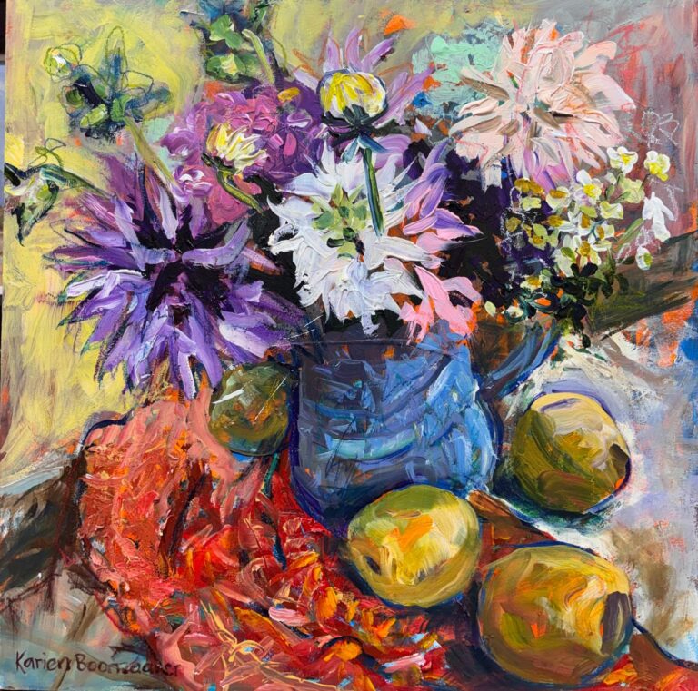 Acrylic on board  Painting titled Buttercups and apples