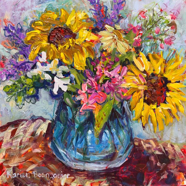 Acrylic on board  Painting titled Yellow daisies in blue glass