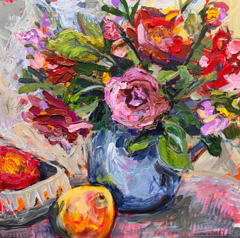 Acrylic on board  Painting titled Roses and mangoes