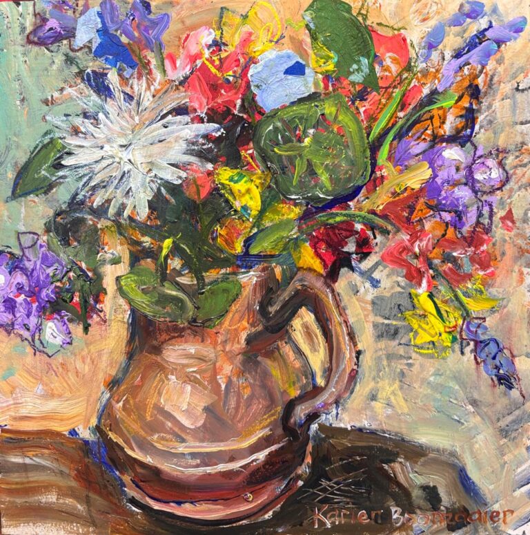 Acrylic on board  Painting titled Milk jug and flowers