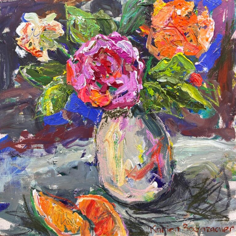 Acrylic on board  Painting titled Roses and oranges