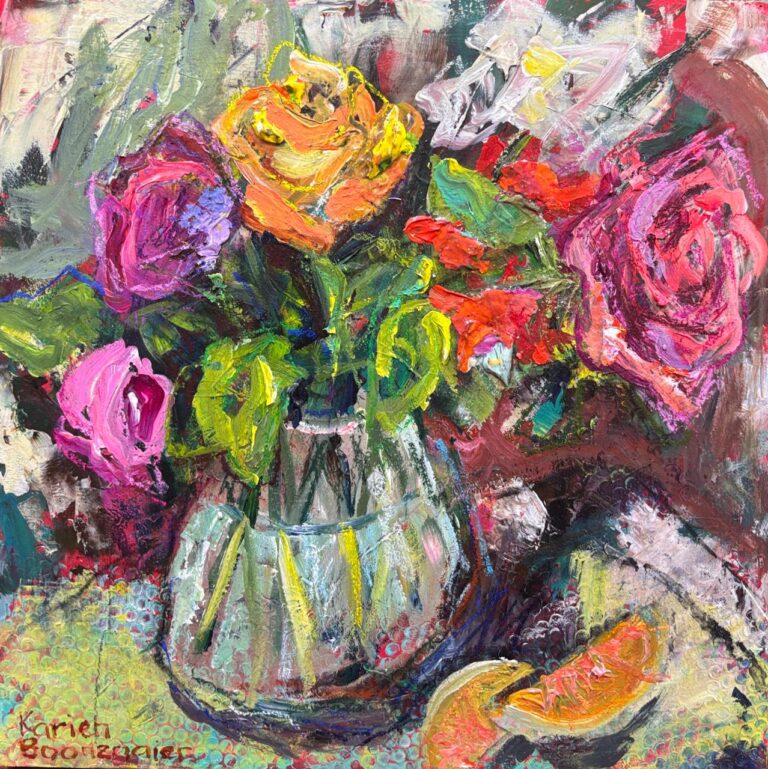 Acrylic on board  Painting titled Roses and oranges II