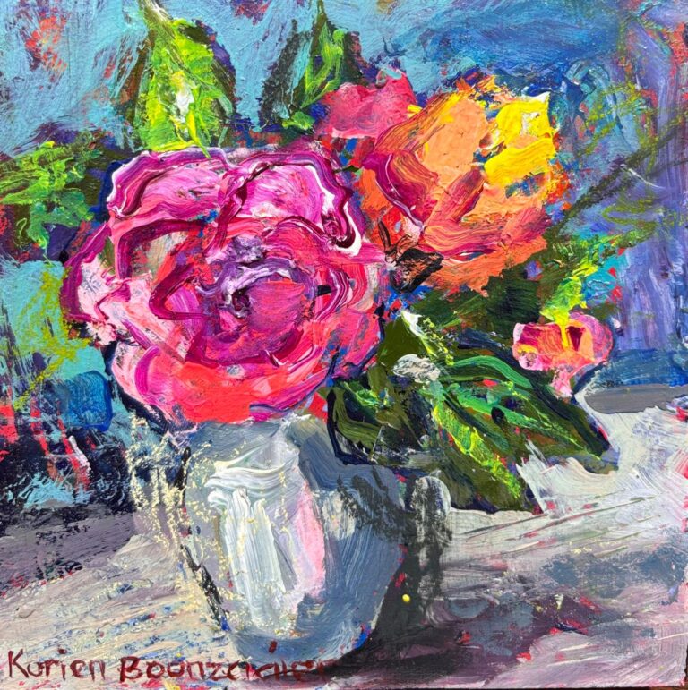 Acrylic on board  Painting titled Roses in pot