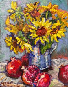 {je_artwork_artwork_medium_id}  {je_artwork_artwork_category_id} titled Sunflowers in pot u/f