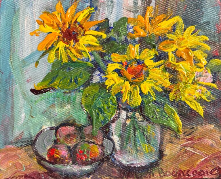 Acrylic on stretched canvas  Painting titled Sunflowers and fruit u/f