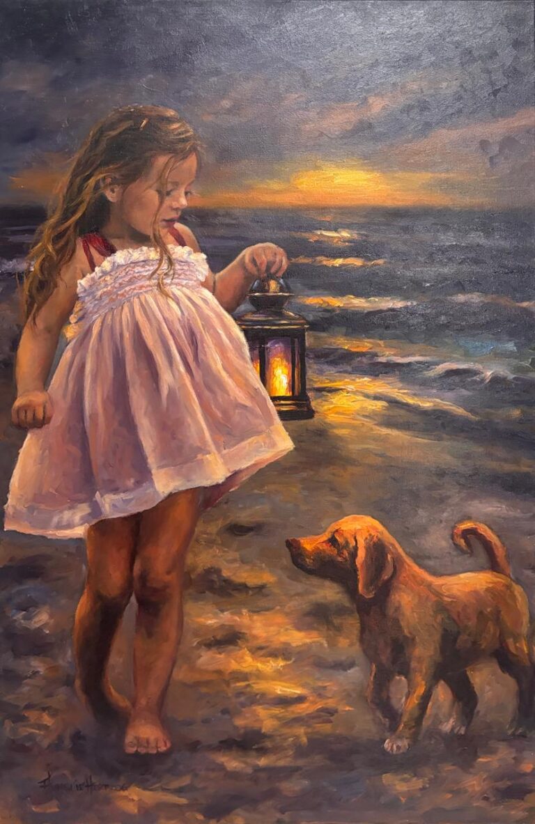 Oil on Stretched Canvas  Painting titled (c) Girl with lantern u/f