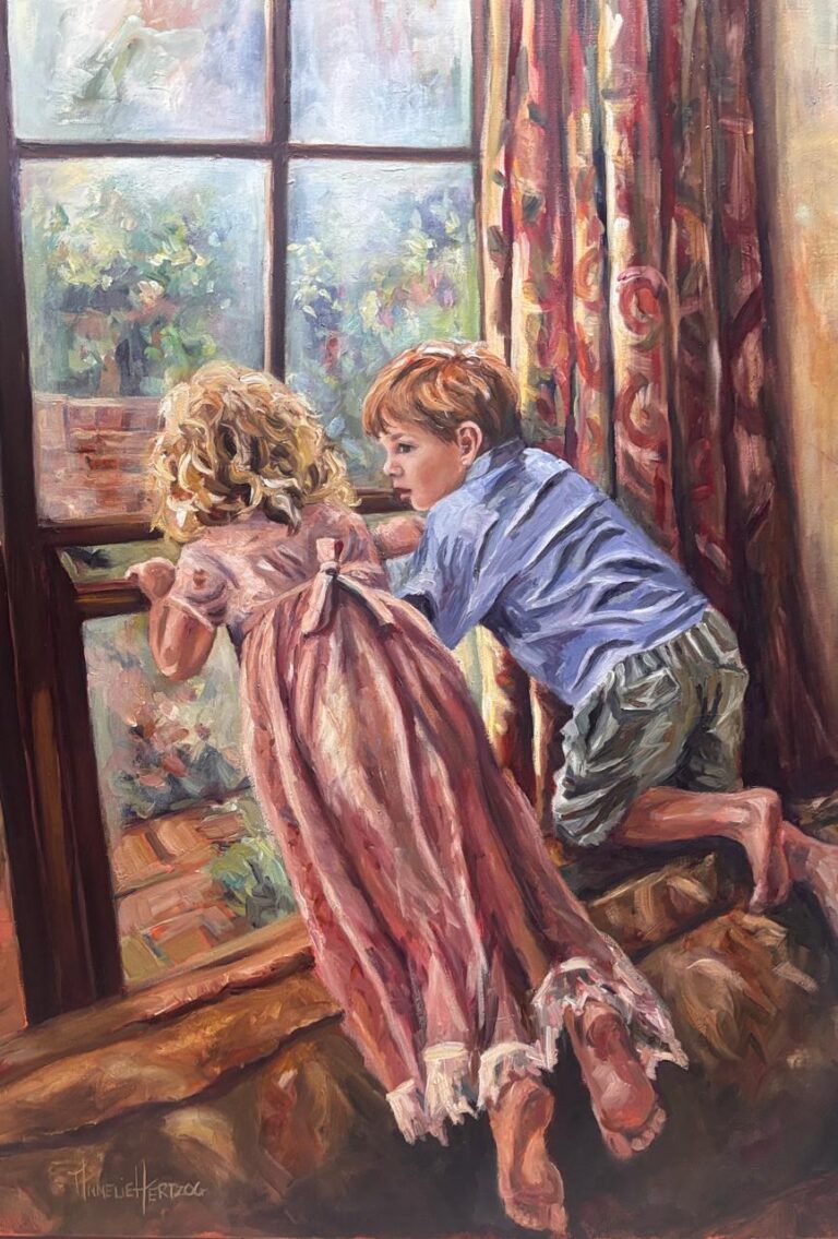 Oil on Stretched Canvas  Painting titled (c) Children at the window