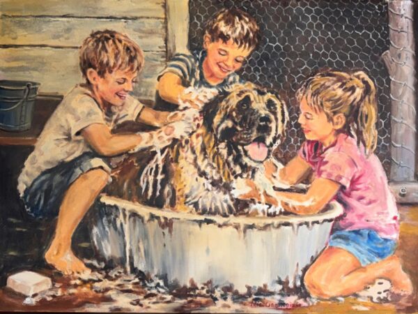 Nic Oosthuizen, South African Art, Alice Art Gallery, Washing the dog