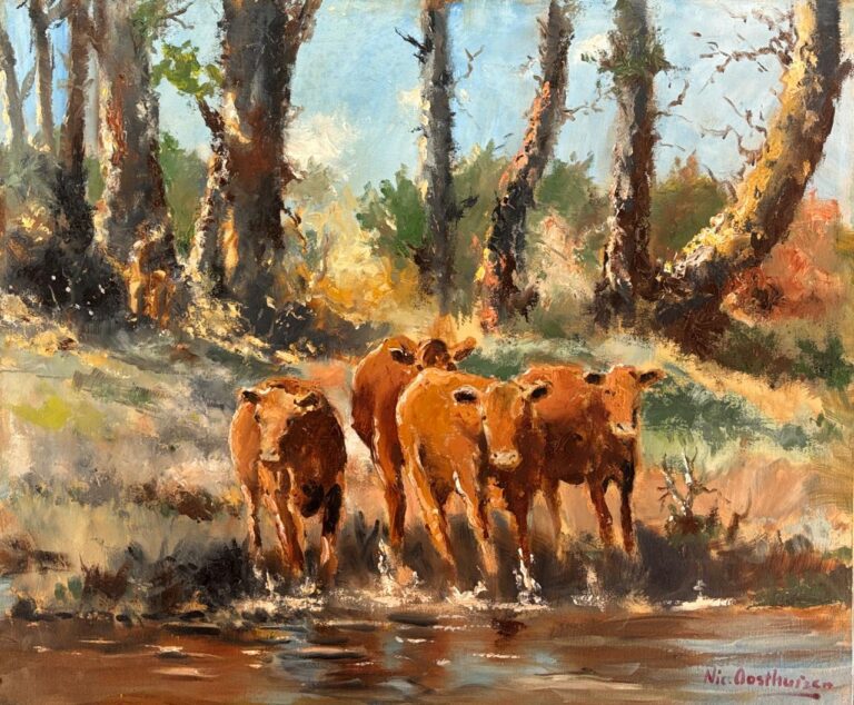 Oil on Canvas  Painting titled (c) Cattle at the dam u/f