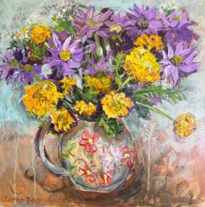 {je_artwork_artwork_medium_id}  {je_artwork_artwork_category_id} titled Gold and purple flowers