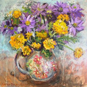 Karien Boonzaaier, Alice Art Gallery, South African Art, Gold and purple flowers