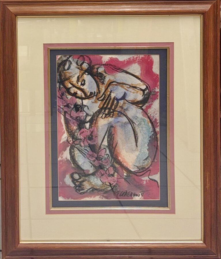 mixed medium on paper  Painting titled (c) Woman with flowers