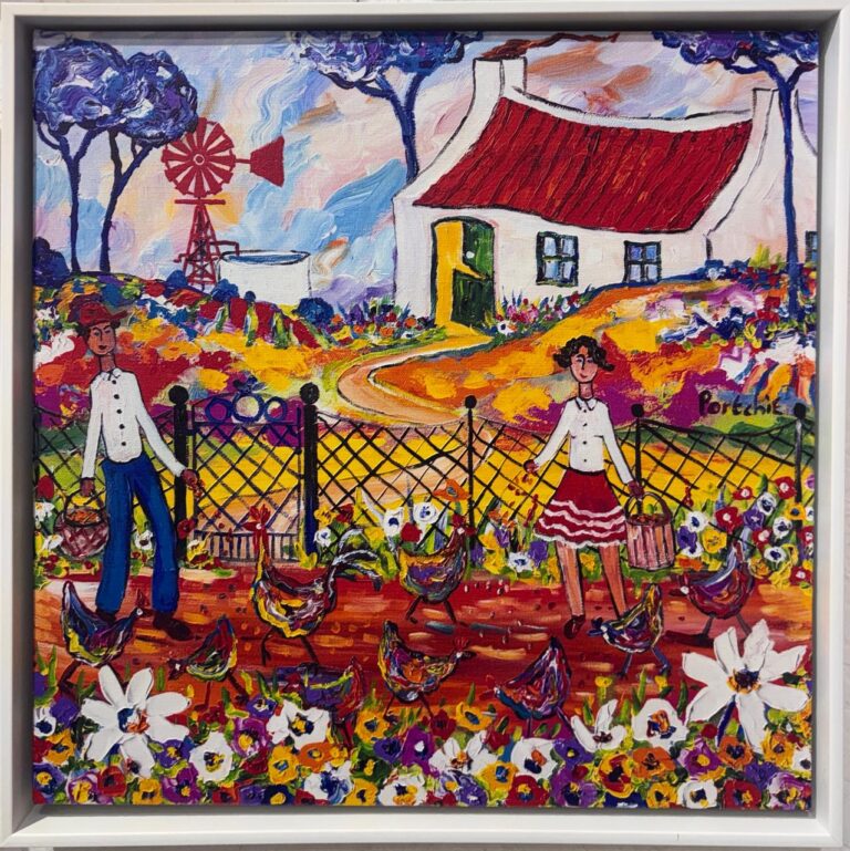 Canvas print  Print titled Feeding the chickens (Textured print)