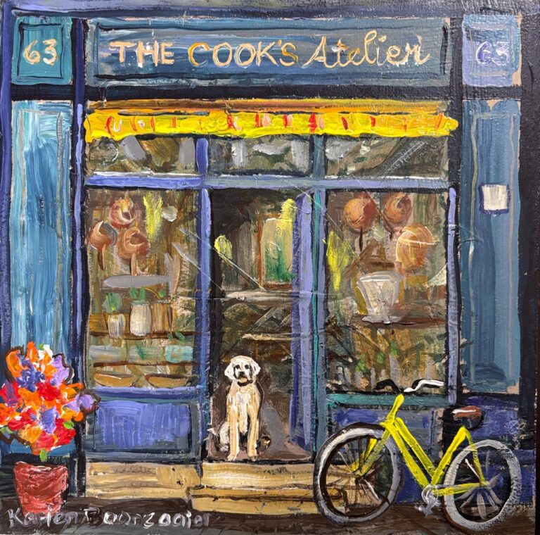 Acrylic on board  Painting titled Bicycle and dog at door