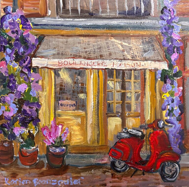 Acrylic on board  Painting titled Red scooter at the shop door