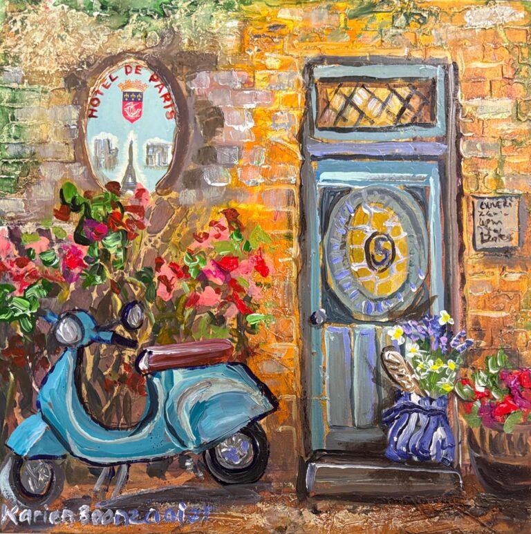 Acrylic on board  Painting titled Hotel de Paris door with blue scooter
