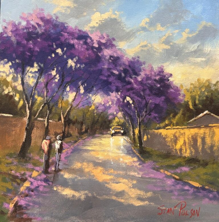 Oil on Stretched Canvas  Painting titled Jacaranda Street