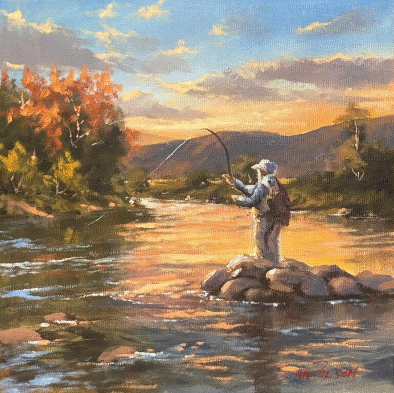 Oil on Stretched Canvas  Painting titled Golden hour fishing